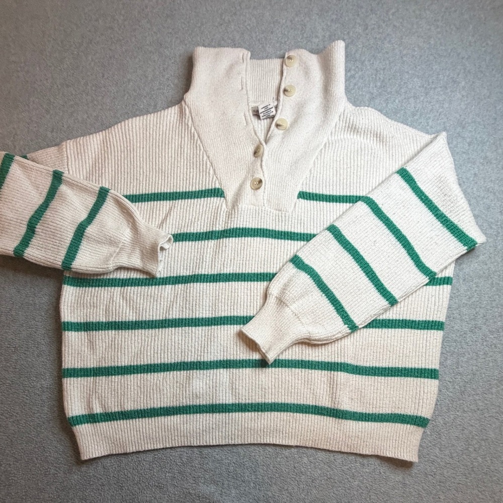 Sincerely Jules Sweater Size S White Green Striped Button Collar Oversized S